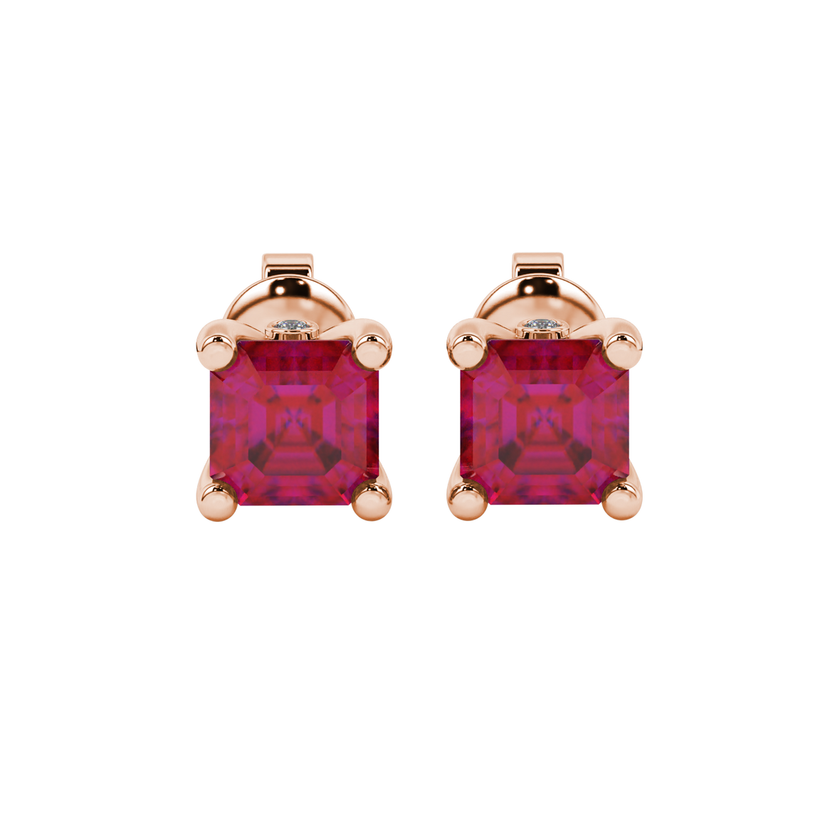 Hidden halo Asscher cut solitaire stud earrings featuring 5.00 MM gemstones in a four-prong gold setting