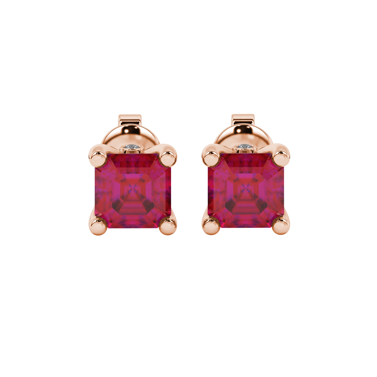Hidden halo Asscher cut solitaire stud earrings featuring 5.00 MM gemstones in a four-prong gold setting
