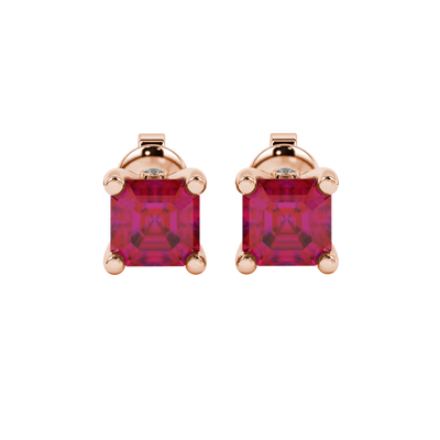 Hidden halo Asscher cut solitaire stud earrings featuring 5.00 MM gemstones in a four-prong gold setting