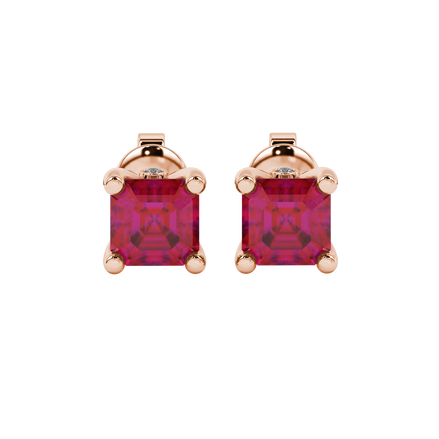 Hidden halo Asscher cut solitaire stud earrings featuring 5.00 MM gemstones in a four-prong gold setting