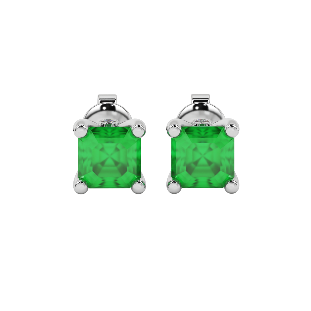 Hidden halo Asscher cut solitaire stud earrings featuring 5.00 MM gemstones in a four-prong gold setting