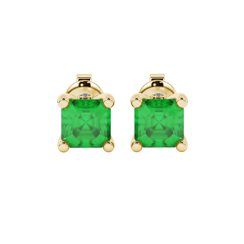 Hidden halo Asscher cut solitaire stud earrings featuring 5.00 MM gemstones in a four-prong gold setting