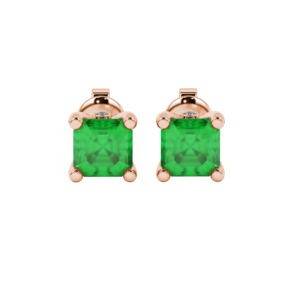 Hidden halo Asscher cut solitaire stud earrings featuring 5.00 MM gemstones in a four-prong gold setting