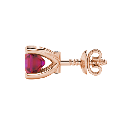 Hidden halo Asscher cut solitaire stud earrings featuring 5.00 MM gemstones in a four-prong gold setting