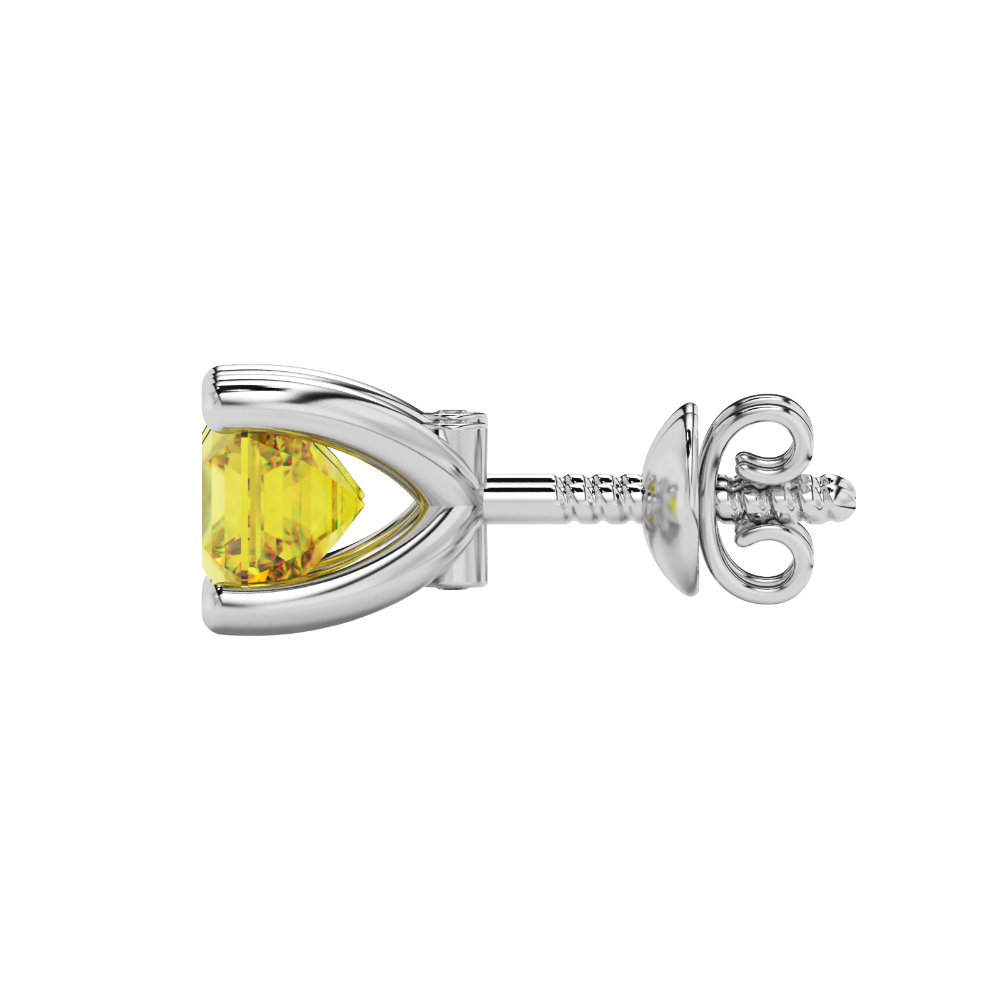 Hidden halo Asscher cut solitaire stud earrings featuring 5.00 MM gemstones in a four-prong gold setting
