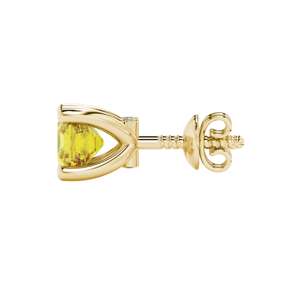 Hidden halo Asscher cut solitaire stud earrings featuring 5.00 MM gemstones in a four-prong gold setting