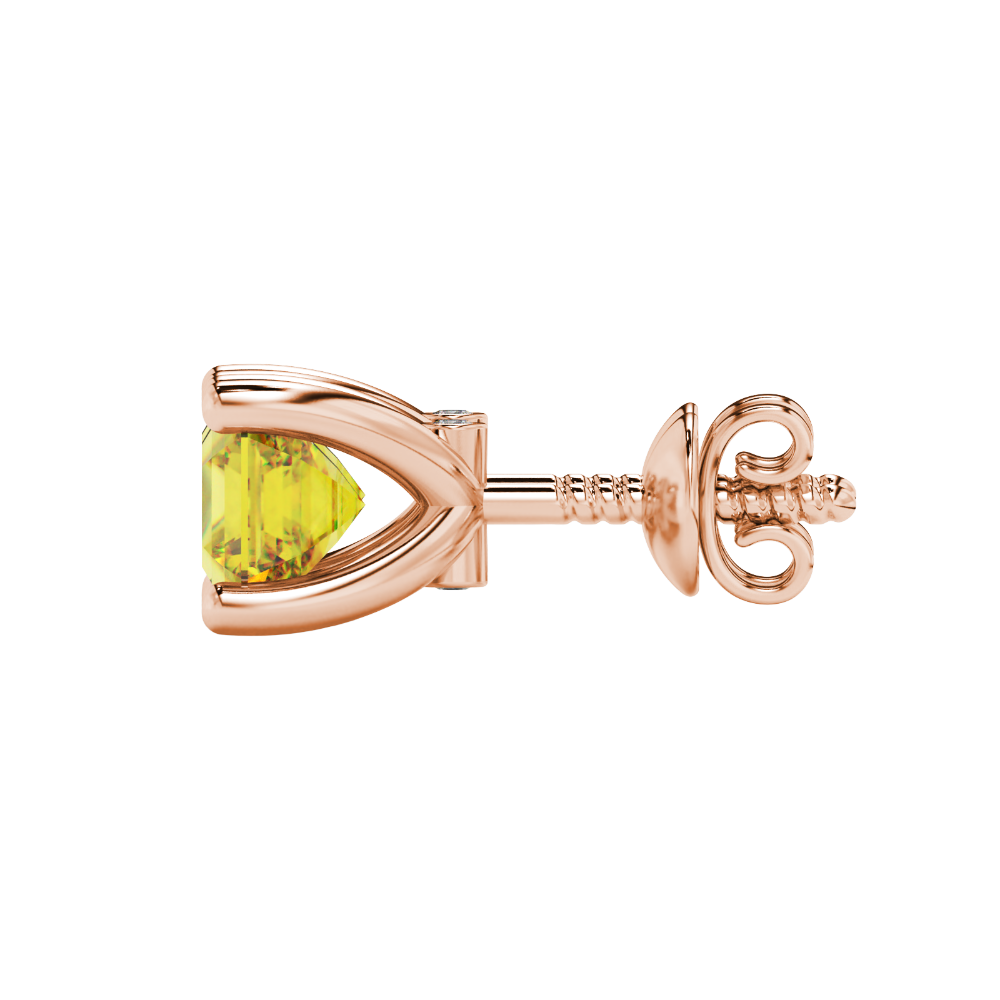Hidden halo Asscher cut solitaire stud earrings featuring 5.00 MM gemstones in a four-prong gold setting