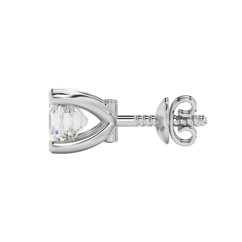 Hidden halo Asscher cut solitaire stud earrings featuring 5.00 MM gemstones in a four-prong gold setting