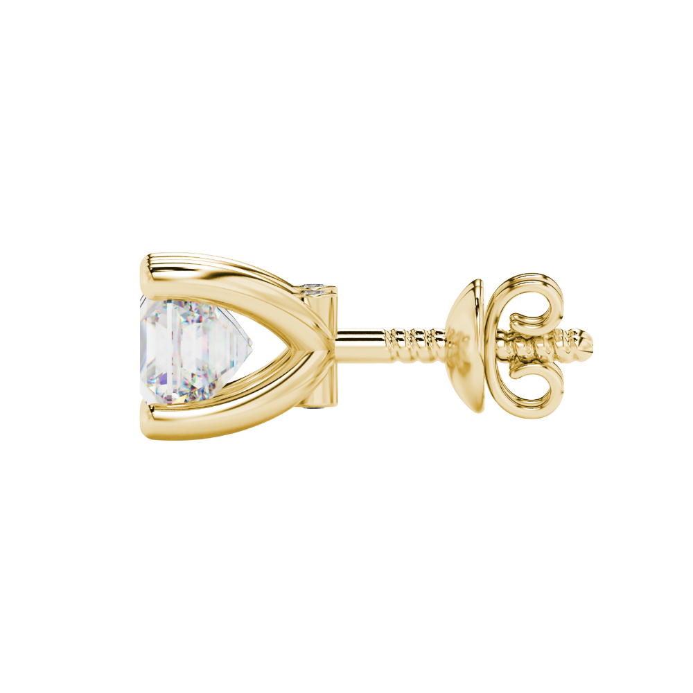 Hidden halo Asscher cut solitaire stud earrings featuring 5.00 MM gemstones in a four-prong gold setting