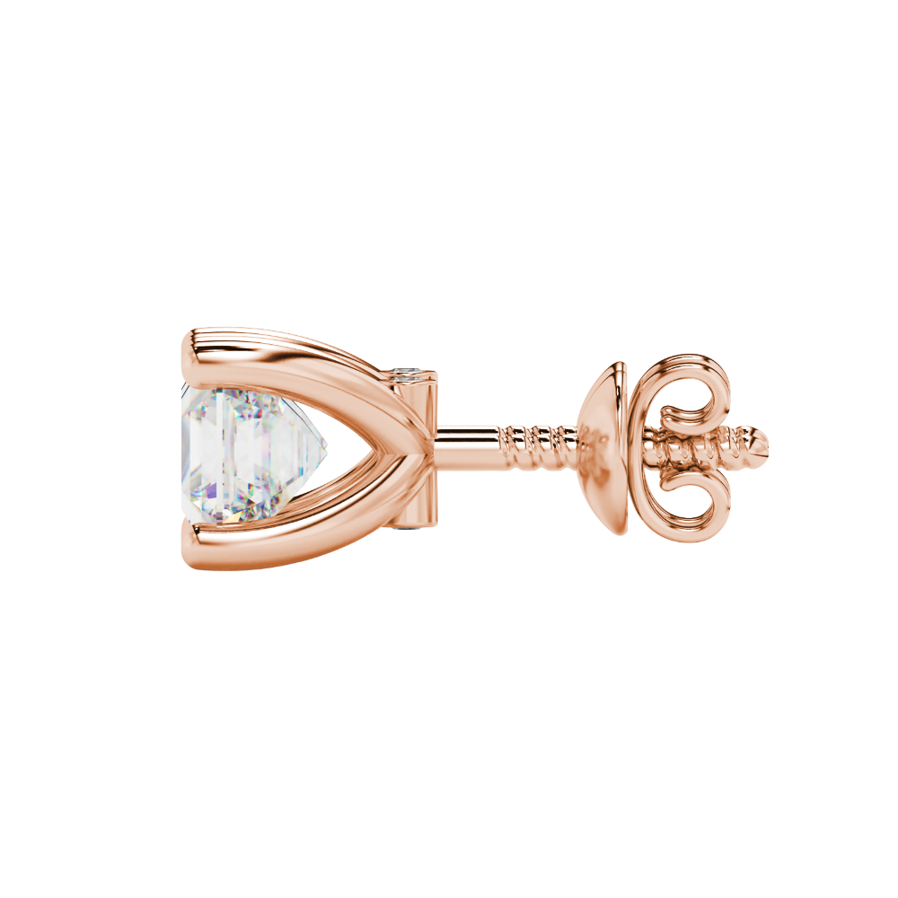Hidden halo Asscher cut solitaire stud earrings featuring 5.00 MM gemstones in a four-prong gold setting
