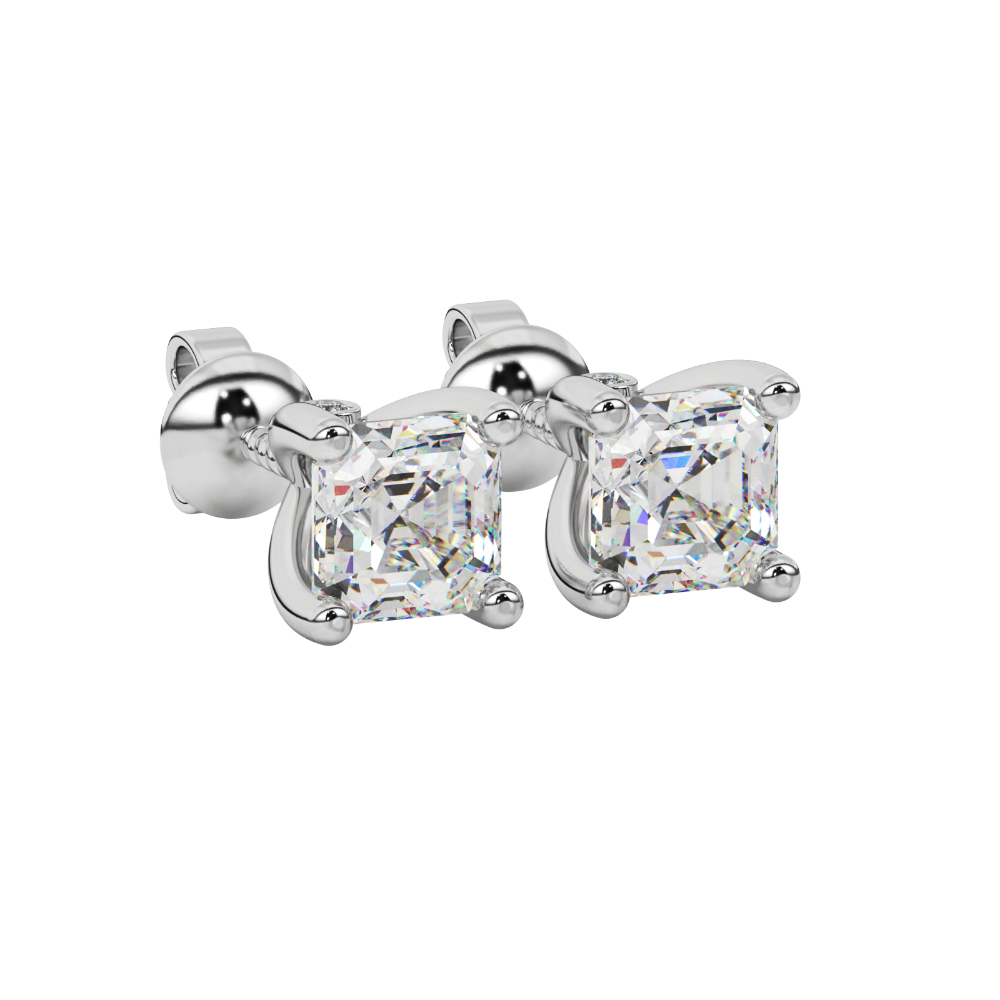 Hidden halo Asscher cut solitaire stud earrings featuring 5.00 MM gemstones in a four-prong gold setting