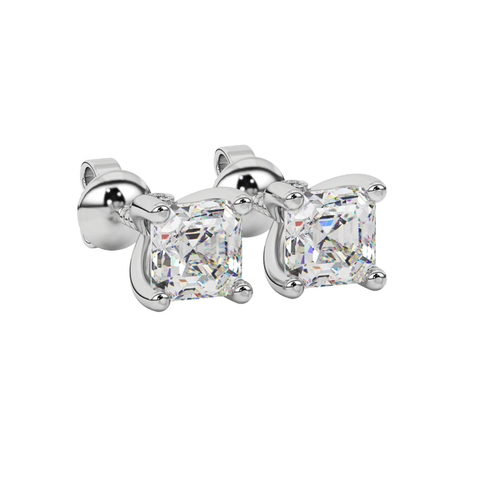 Hidden halo Asscher cut solitaire stud earrings featuring 5.00 MM gemstones in a four-prong gold setting