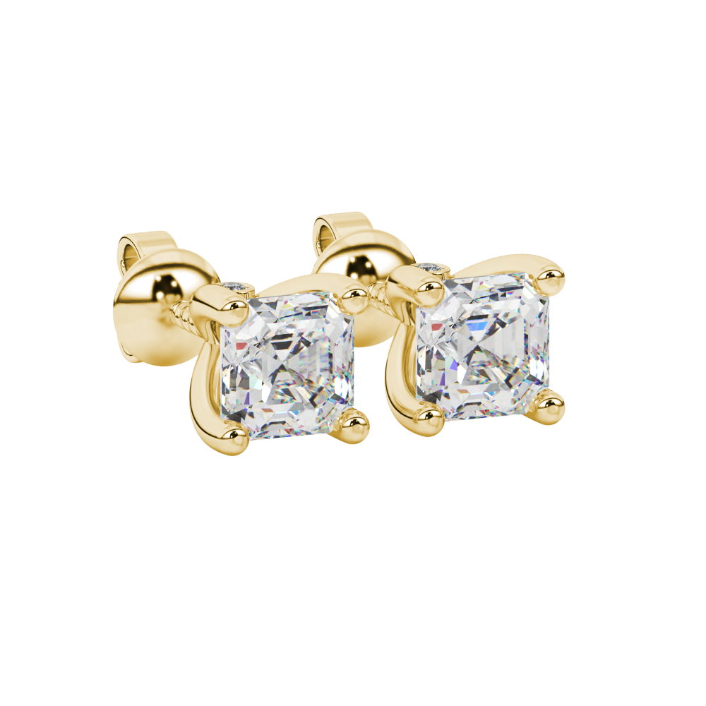 Hidden halo Asscher cut solitaire stud earrings featuring 5.00 MM gemstones in a four-prong gold setting
