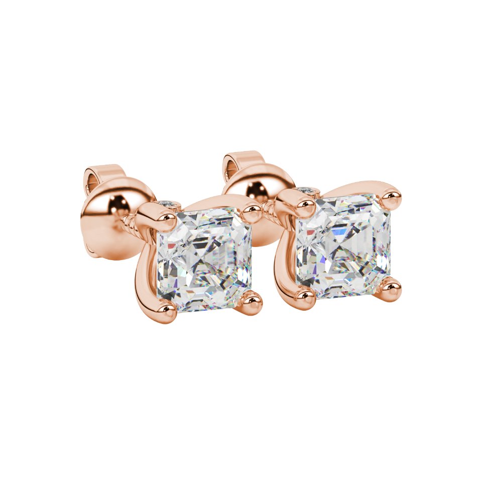 Hidden halo Asscher cut solitaire stud earrings featuring 5.00 MM gemstones in a four-prong gold setting
