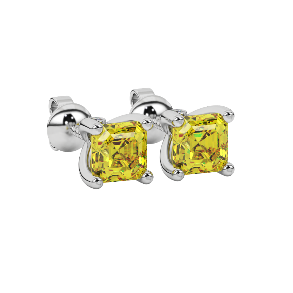 Hidden halo Asscher cut solitaire stud earrings featuring 5.00 MM gemstones in a four-prong gold setting