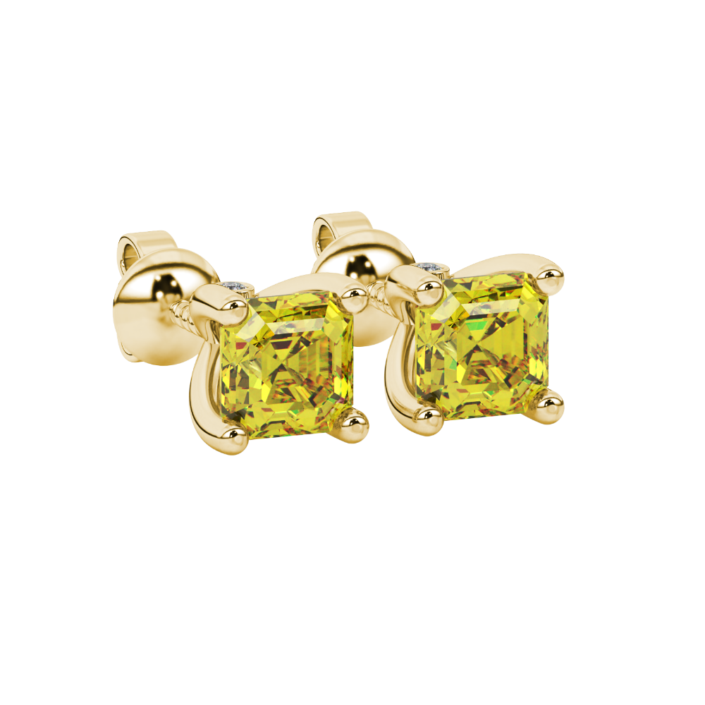 Hidden halo Asscher cut solitaire stud earrings featuring 5.00 MM gemstones in a four-prong gold setting