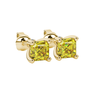 Hidden halo Asscher cut solitaire stud earrings featuring 5.00 MM gemstones in a four-prong gold setting