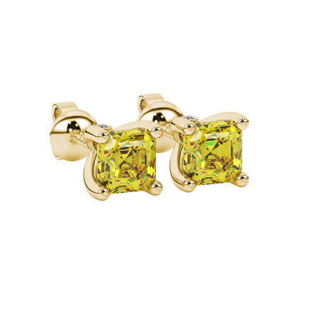 Hidden halo Asscher cut solitaire stud earrings featuring 5.00 MM gemstones in a four-prong gold setting