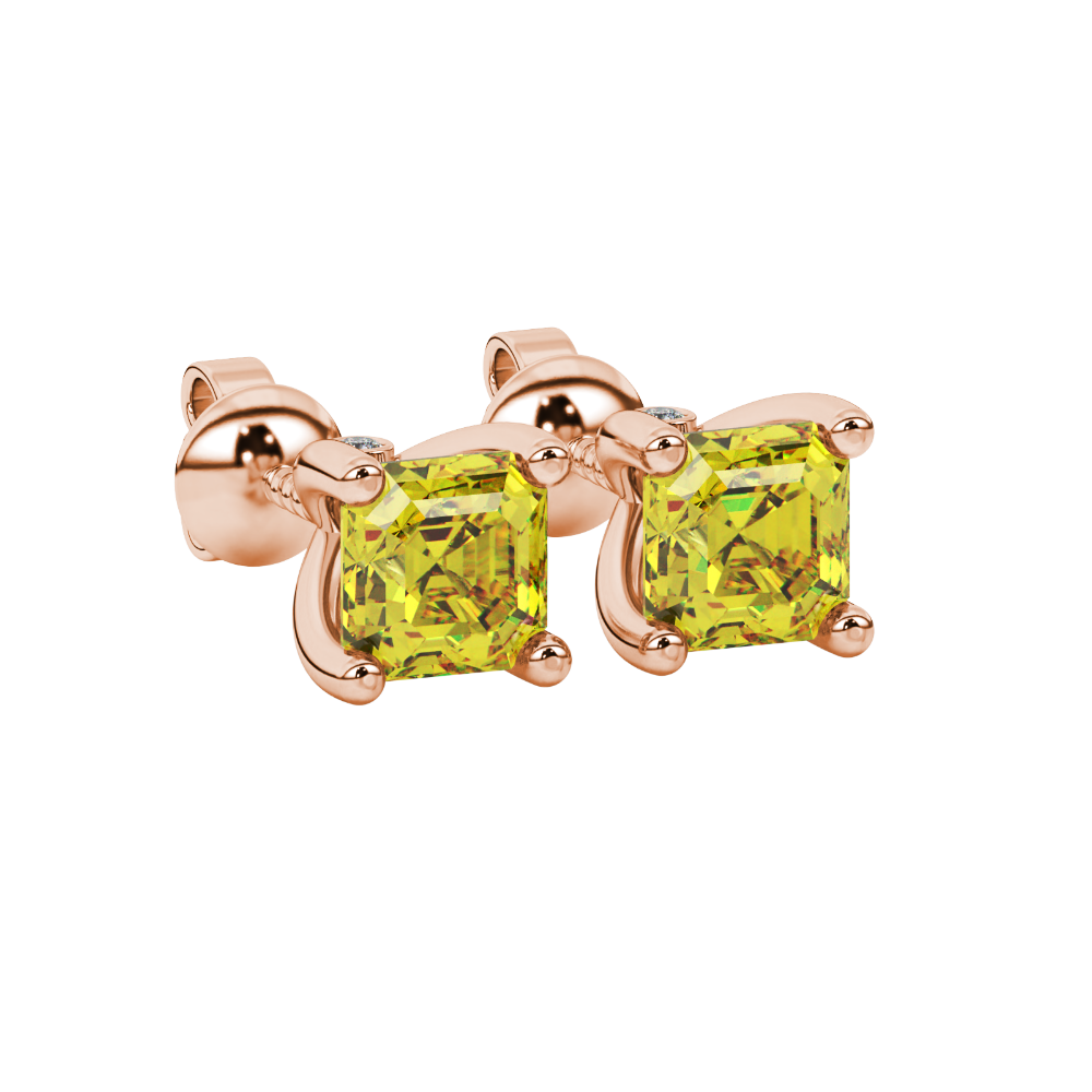 Hidden halo Asscher cut solitaire stud earrings featuring 5.00 MM gemstones in a four-prong gold setting