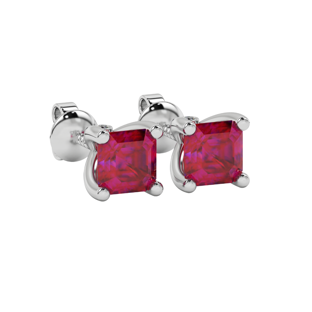 Hidden halo Asscher cut solitaire stud earrings featuring 5.00 MM gemstones in a four-prong gold setting