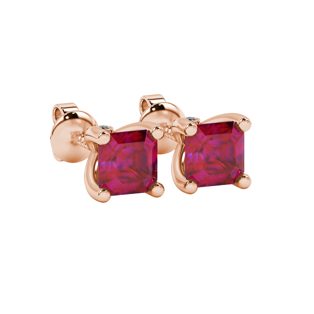Hidden halo Asscher cut solitaire stud earrings featuring 5.00 MM gemstones in a four-prong gold setting