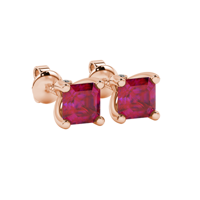 Hidden halo Asscher cut solitaire stud earrings featuring 5.00 MM gemstones in a four-prong gold setting