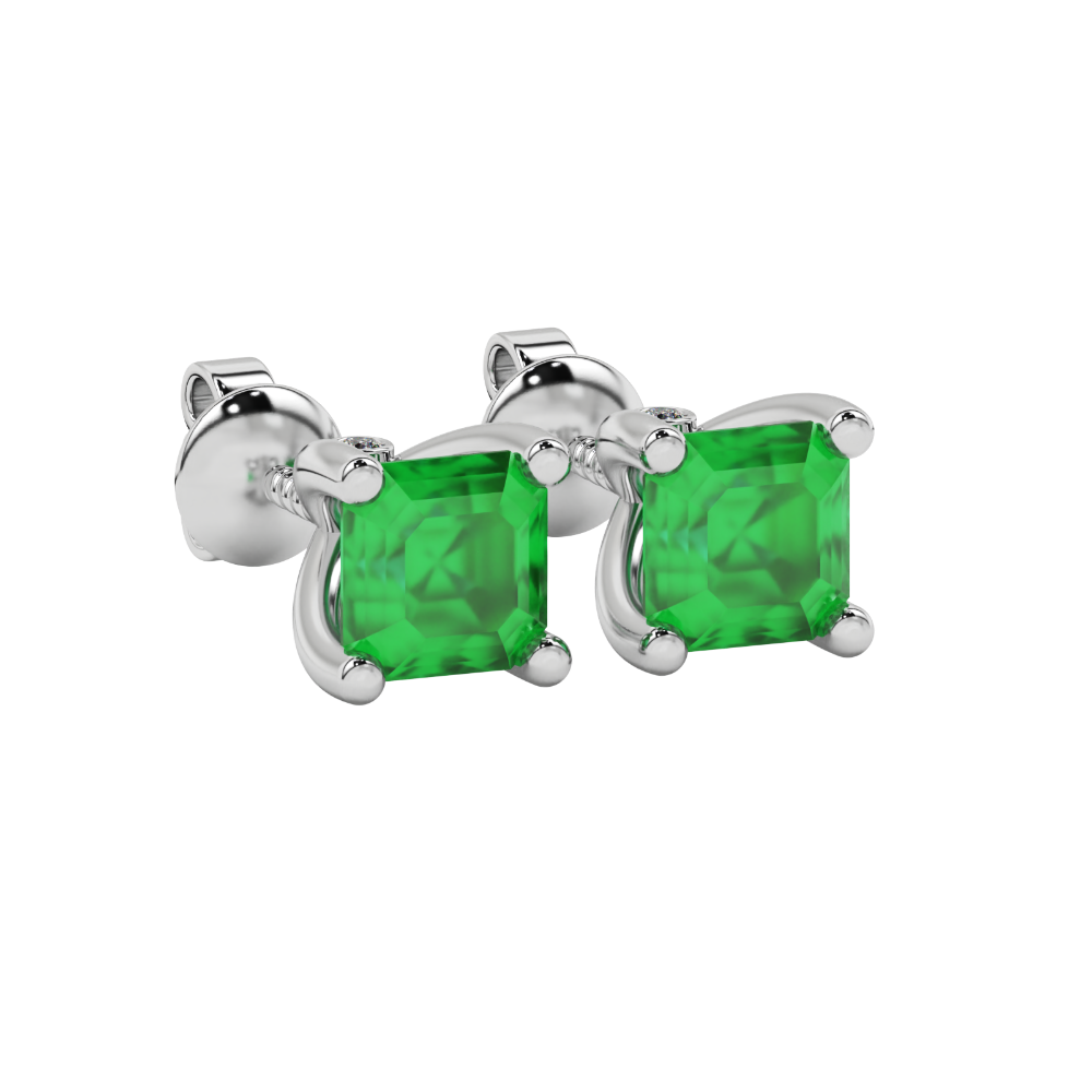 Hidden halo Asscher cut solitaire stud earrings featuring 5.00 MM gemstones in a four-prong gold setting