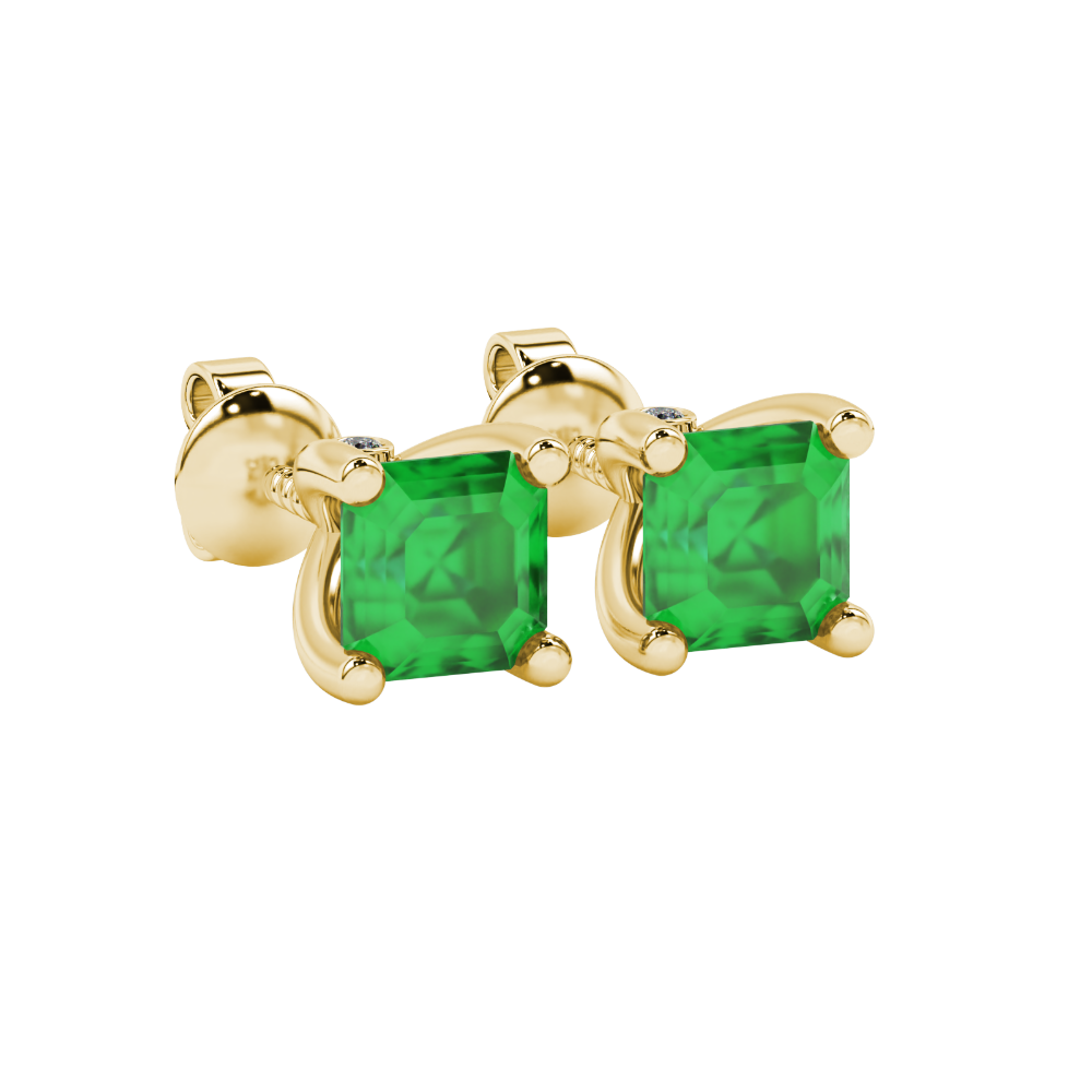 Hidden halo Asscher cut solitaire stud earrings featuring 5.00 MM gemstones in a four-prong gold setting