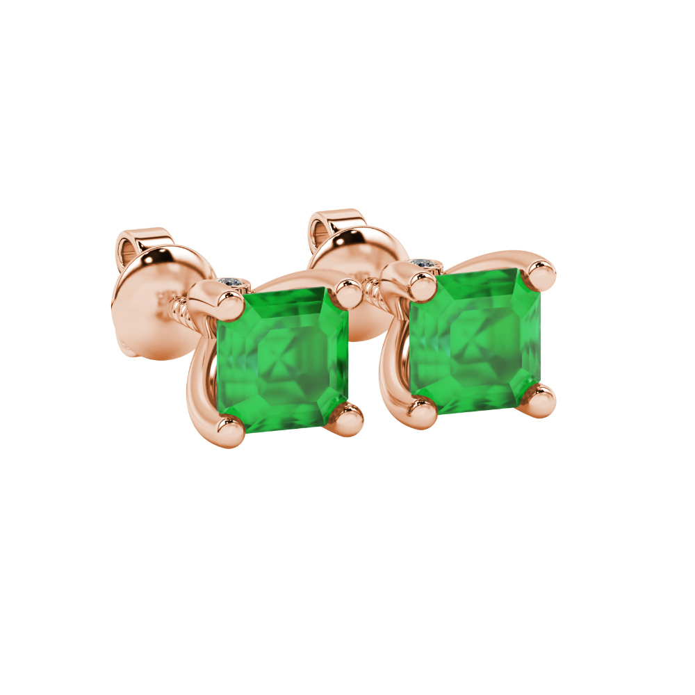 Hidden halo Asscher cut solitaire stud earrings featuring 5.00 MM gemstones in a four-prong gold setting