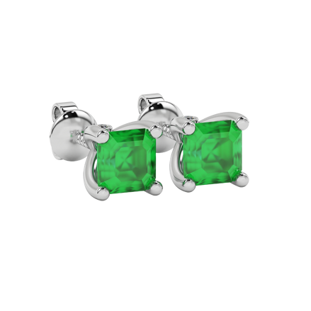 Hidden halo Asscher cut solitaire stud earrings featuring 5.00 MM gemstones in a four-prong gold setting