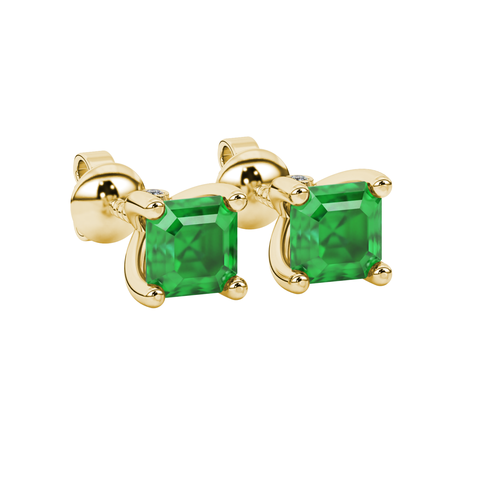 Hidden halo Asscher cut solitaire stud earrings featuring 5.00 MM gemstones in a four-prong gold setting