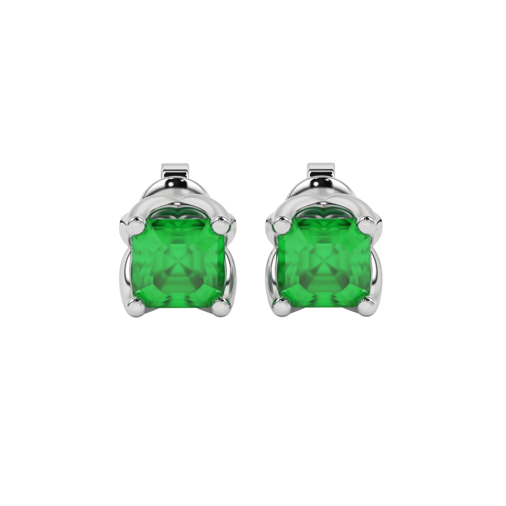 Green Asscher cut floral stud earrings in gold featuring 5.00 MM gemstones in a sculpted four-prong bloom setting
