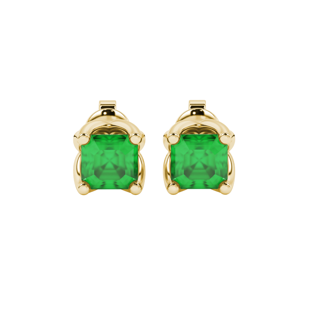 Green Asscher cut floral stud earrings in gold featuring 5.00 MM gemstones in a sculpted four-prong bloom setting