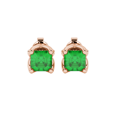 Green Asscher cut floral stud earrings in gold featuring 5.00 MM gemstones in a sculpted four-prong bloom setting