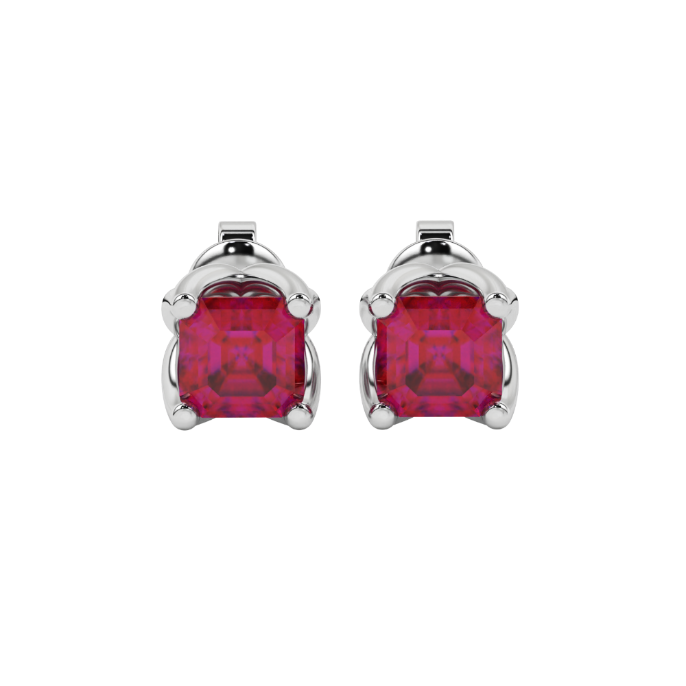 Red Asscher cut floral stud earrings in gold featuring 5.00 MM gemstones in a sculpted four-prong bloom setting