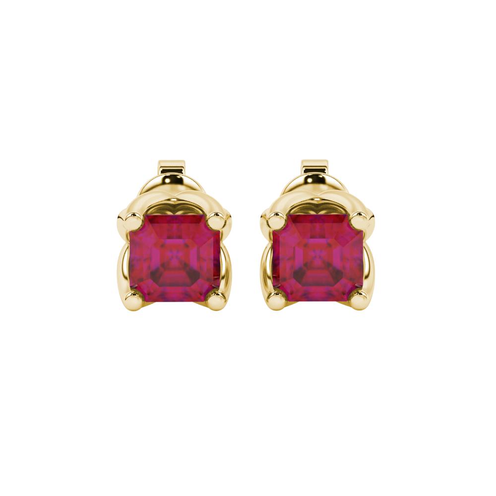 Red Asscher cut floral stud earrings in gold featuring 5.00 MM gemstones in a sculpted four-prong bloom setting