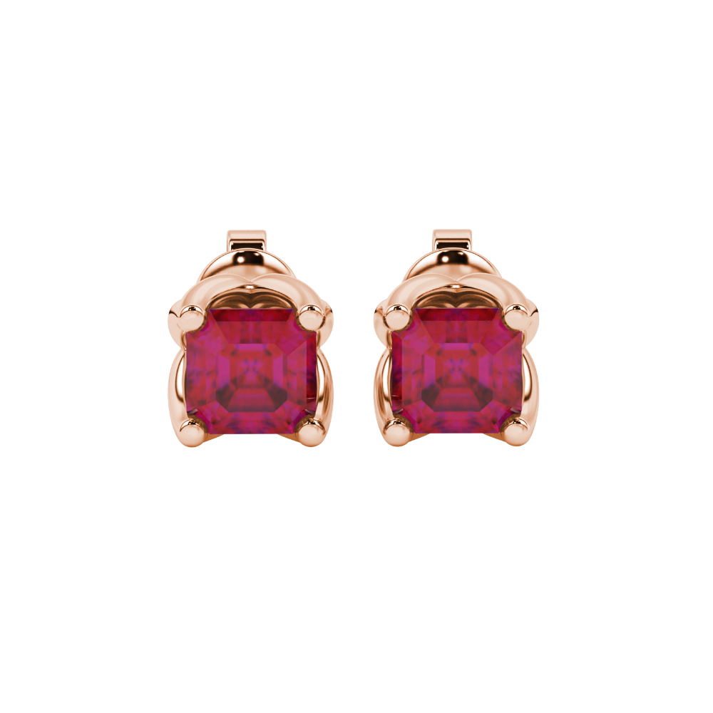 Red Asscher cut floral stud earrings in gold featuring 5.00 MM gemstones in a sculpted four-prong bloom setting
