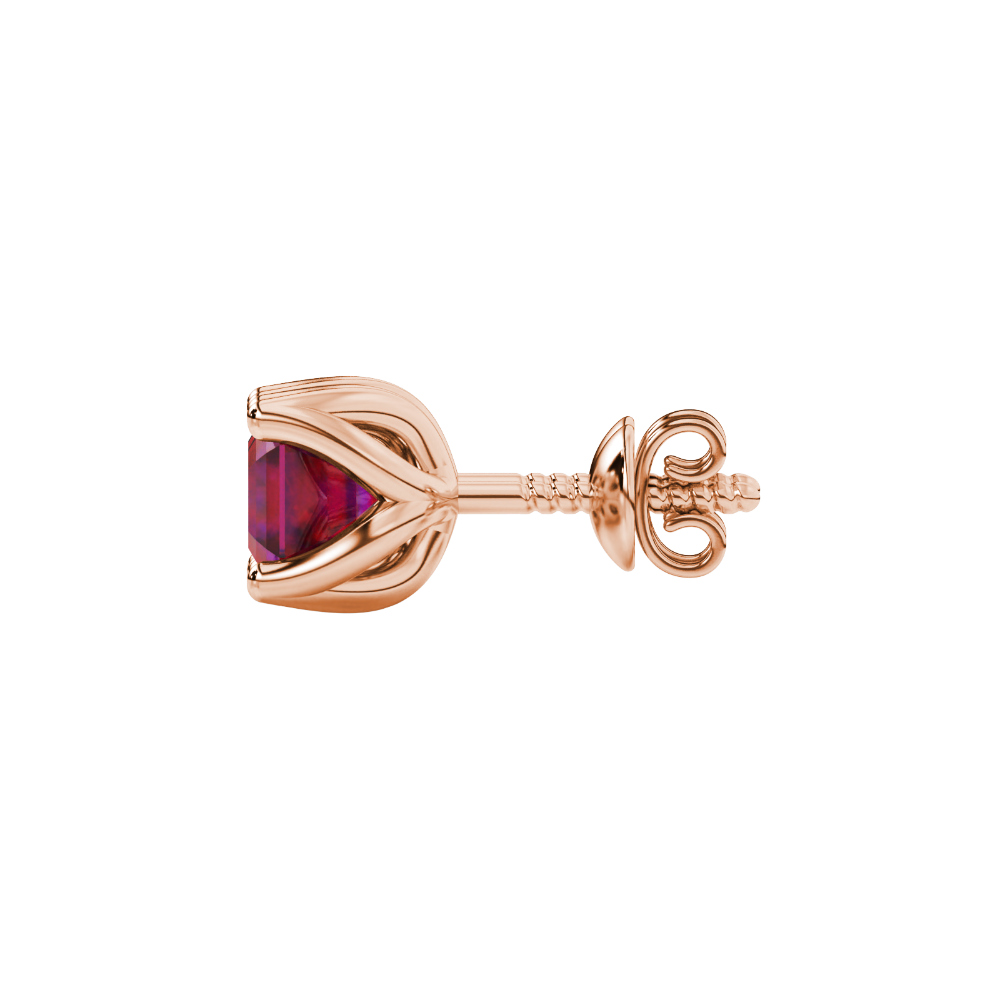Red Asscher cut floral stud earrings in gold featuring 5.00 MM gemstones in a sculpted four-prong bloom setting