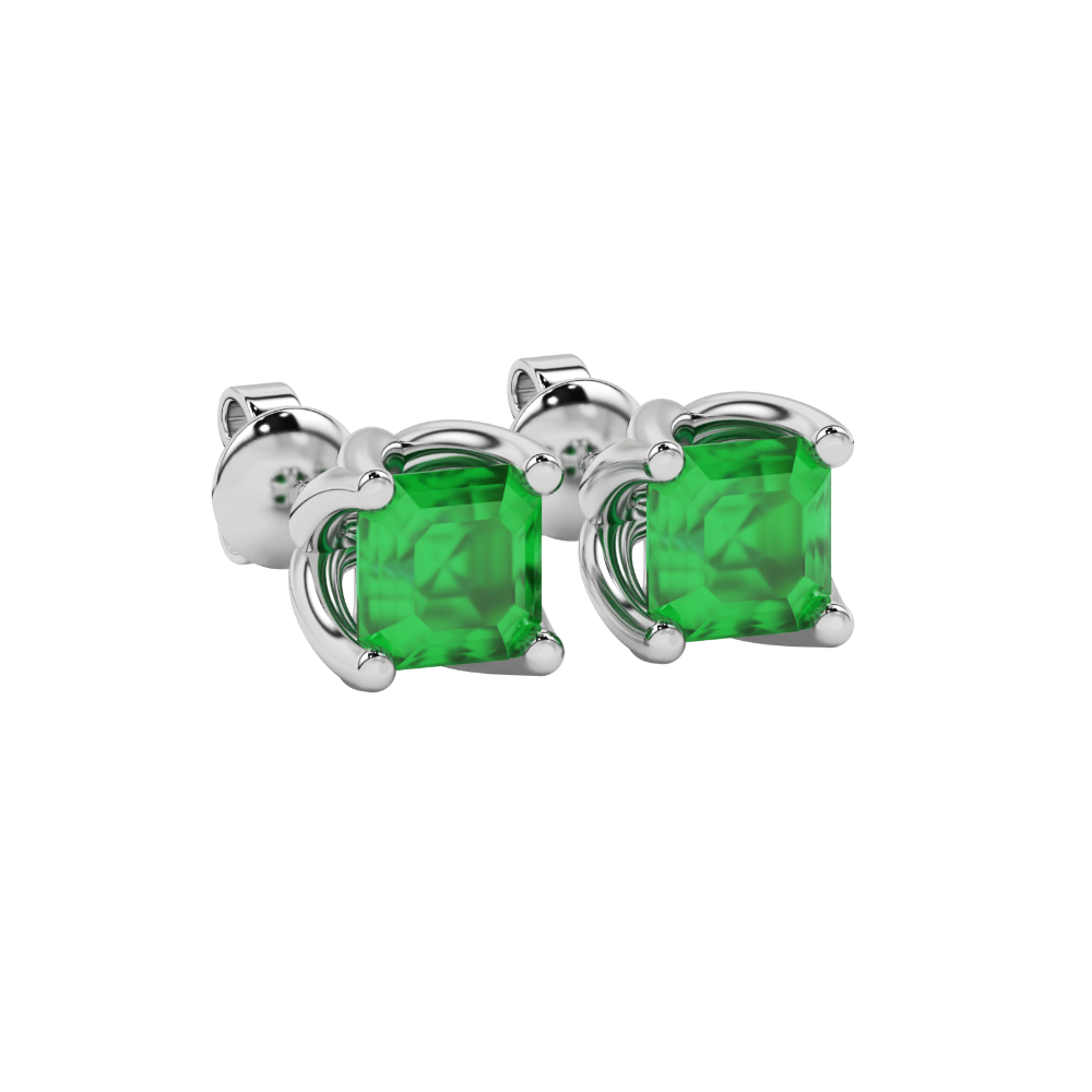 Green Asscher cut floral stud earrings in gold featuring 5.00 MM gemstones in a sculpted four-prong bloom setting