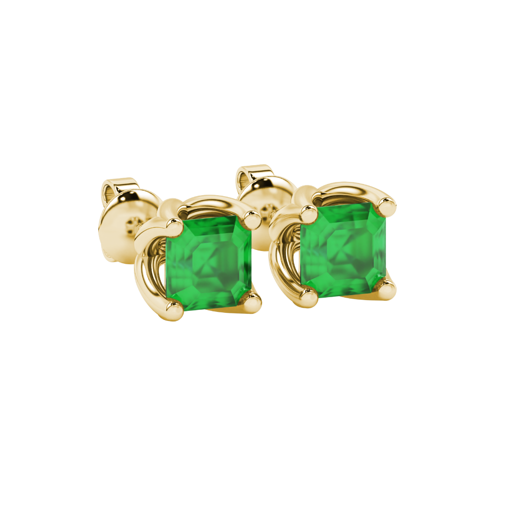 Green Asscher cut floral stud earrings in gold featuring 5.00 MM gemstones in a sculpted four-prong bloom setting