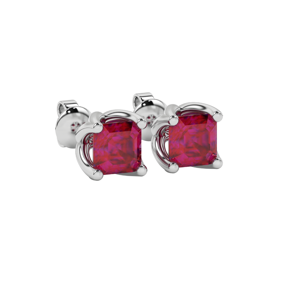Red Asscher cut floral stud earrings in gold featuring 5.00 MM gemstones in a sculpted four-prong bloom setting