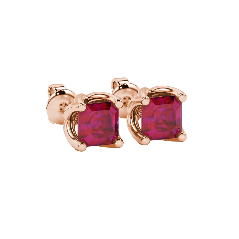 Red Asscher cut floral stud earrings in gold featuring 5.00 MM gemstones in a sculpted four-prong bloom setting