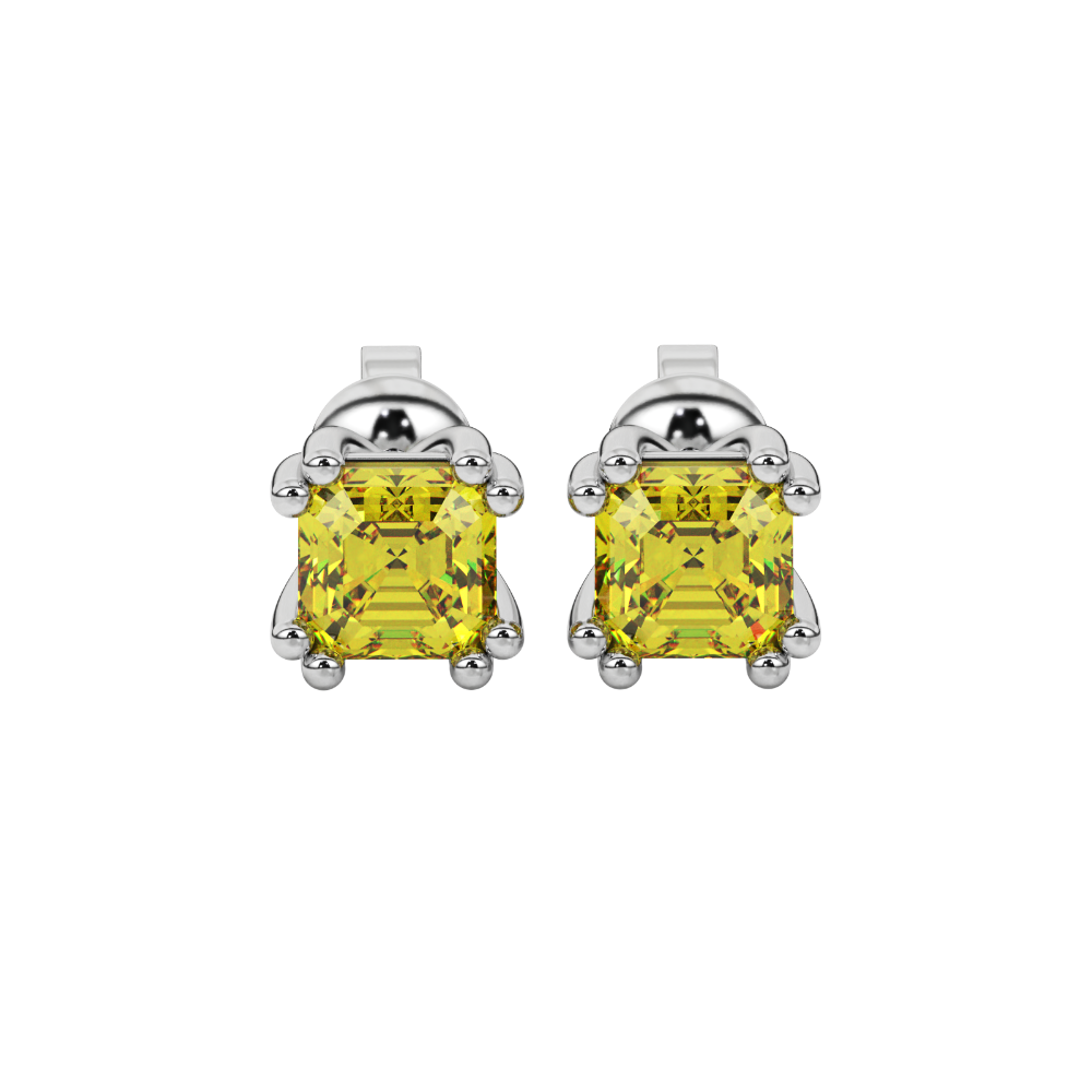 Yellow Asscher cut stud earrings in gold featuring a crown-inspired eight-prong setting and push back closure