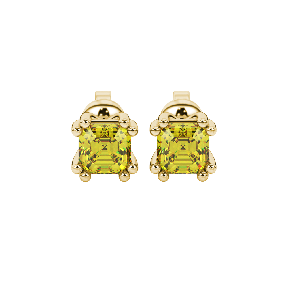Yellow Asscher cut stud earrings in gold featuring a crown-inspired eight-prong setting and push back closure
