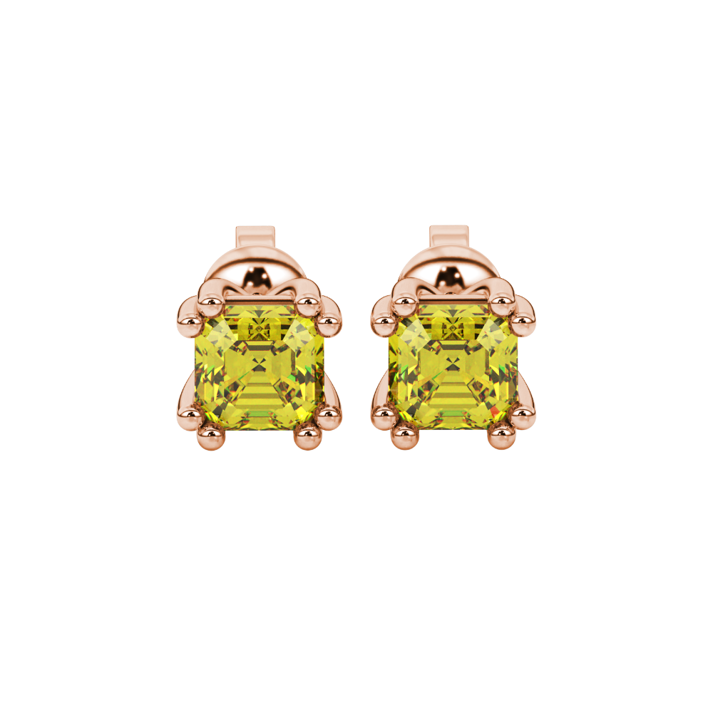Yellow Asscher cut stud earrings in gold featuring a crown-inspired eight-prong setting and push back closure