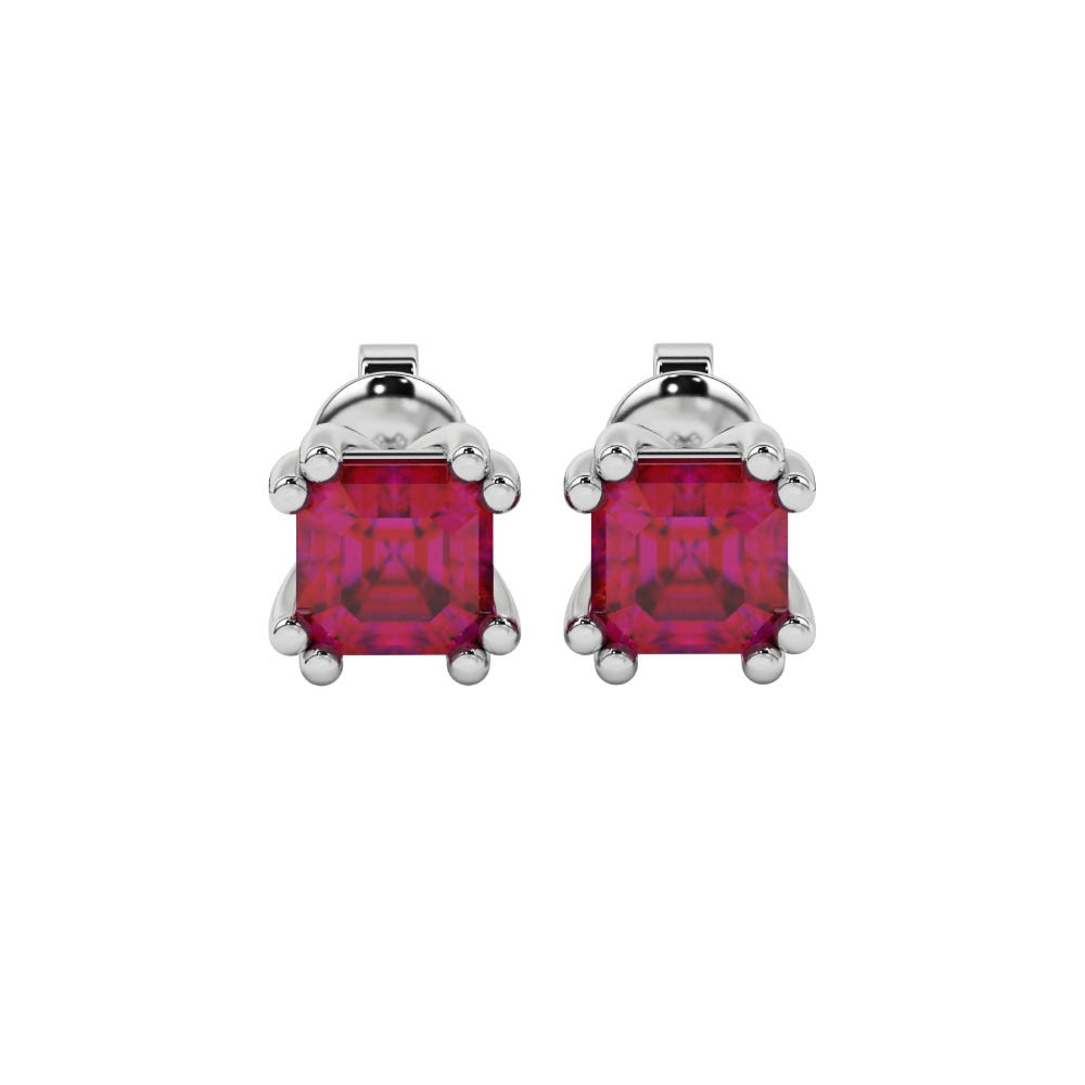 Red Asscher cut stud earrings in gold featuring a crown-inspired eight-prong setting and push back closure