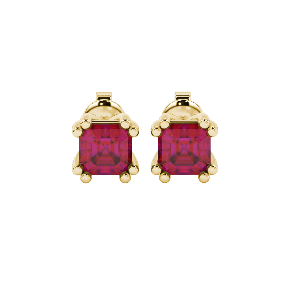 Red Asscher cut stud earrings in gold featuring a crown-inspired eight-prong setting and push back closure