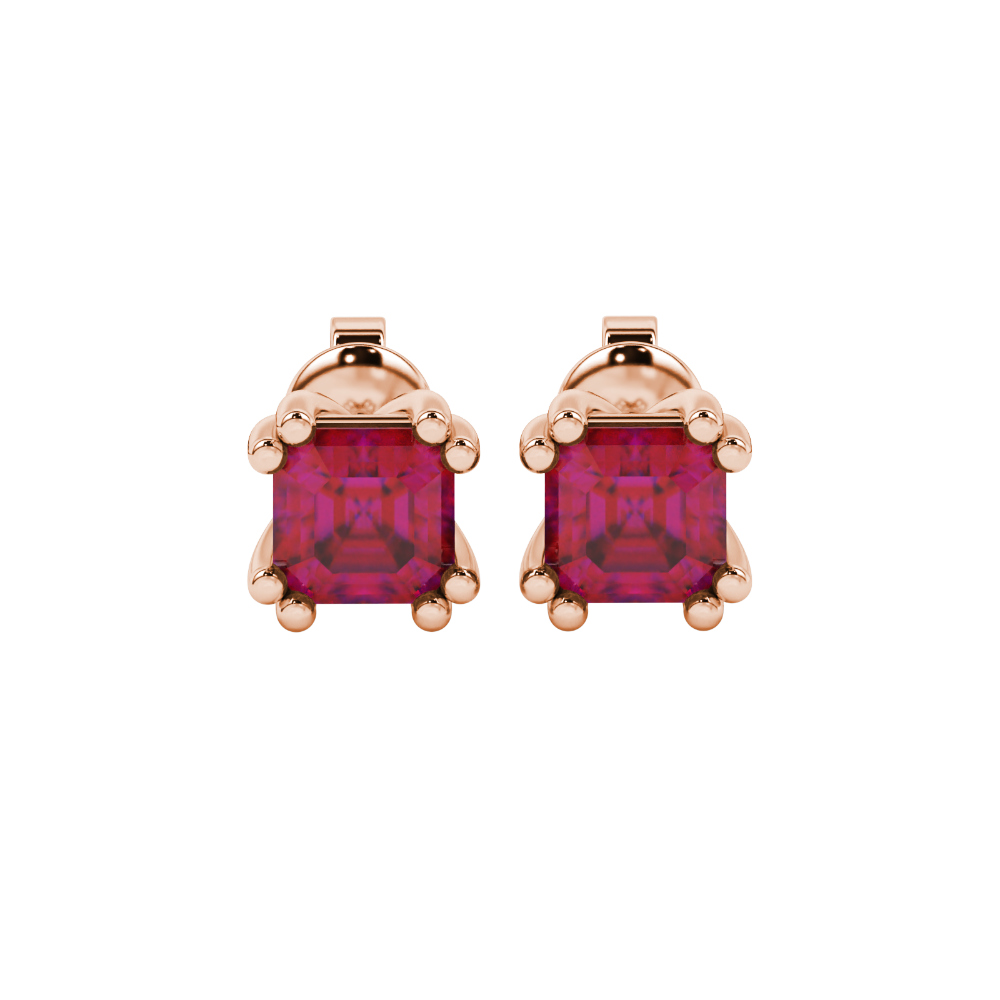 Red Asscher cut stud earrings in gold featuring a crown-inspired eight-prong setting and push back closure