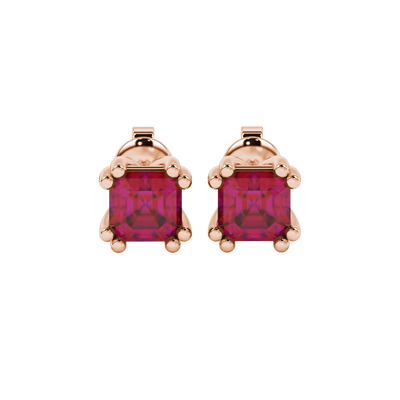 Red Asscher cut stud earrings in gold featuring a crown-inspired eight-prong setting and push back closure