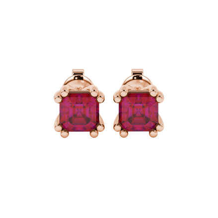 Red Asscher cut stud earrings in gold featuring a crown-inspired eight-prong setting and push back closure